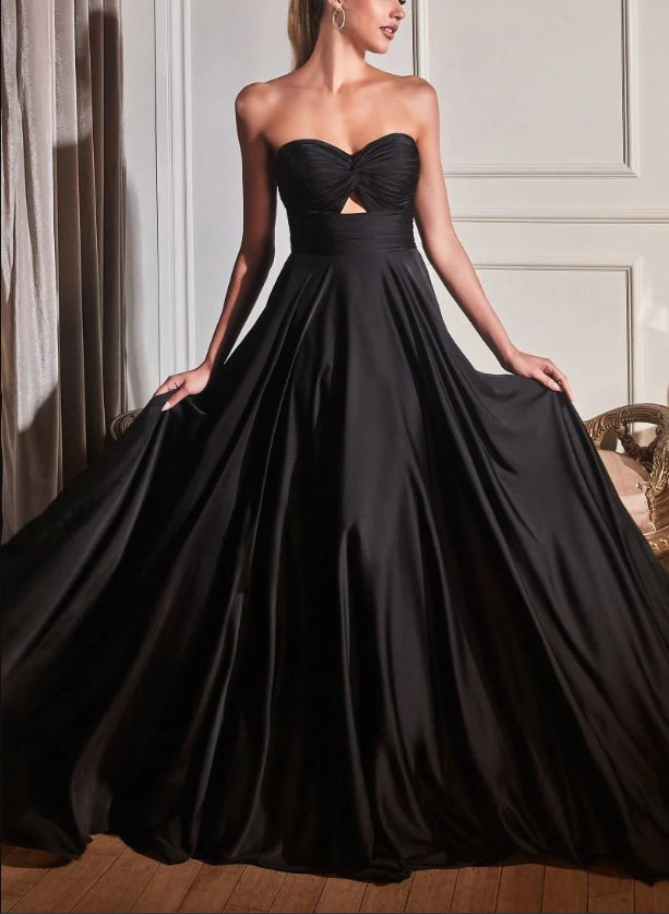 Wedding Guest Dress Satin A-Line Strapless Backless Wrinkle Elegant Black Formal Dress Evening Dress