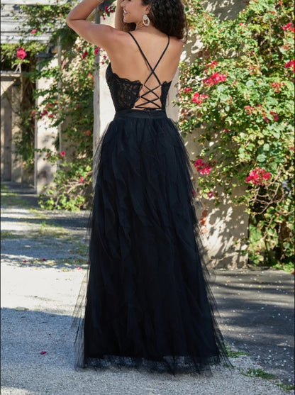 Wedding Guest Dress Bodice Sexy Sheer Lace Lace up Open Back Floor Length Gown Ruffle Tulle Skirt Black Formal Dress Evening Dress