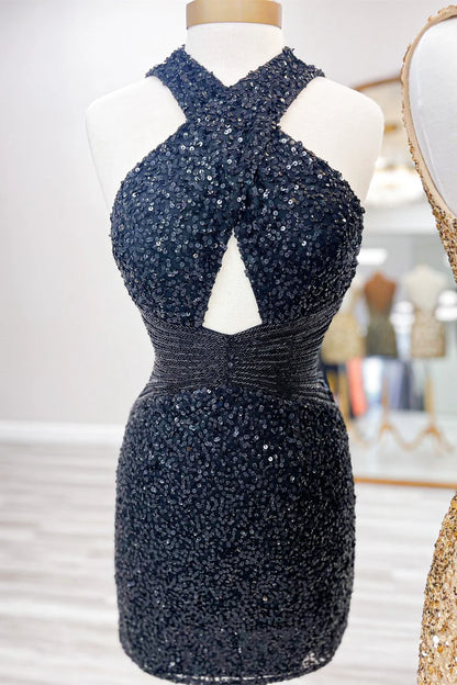 Sequin Cross-Front Short Cocktail Dress