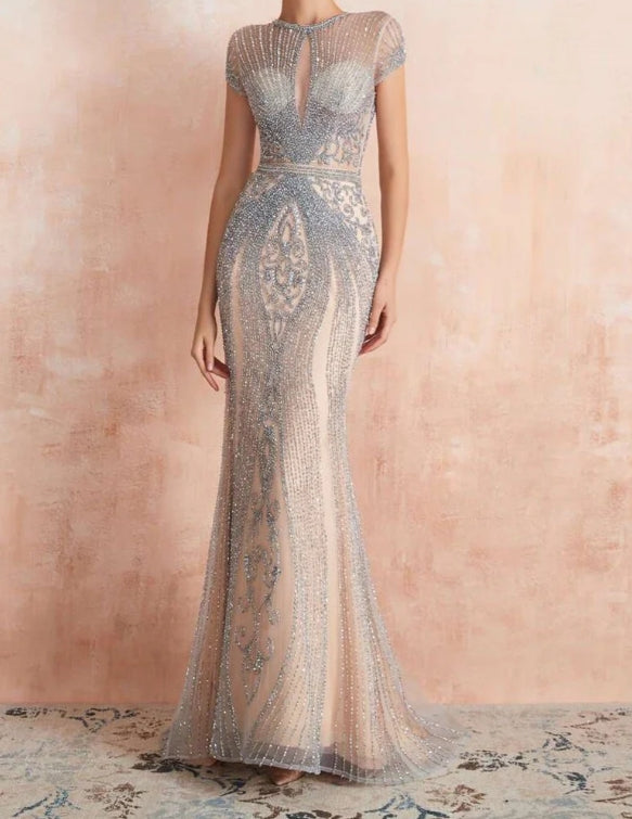Gorgeous  Cap Sleeve Beaded Mermaid Dress