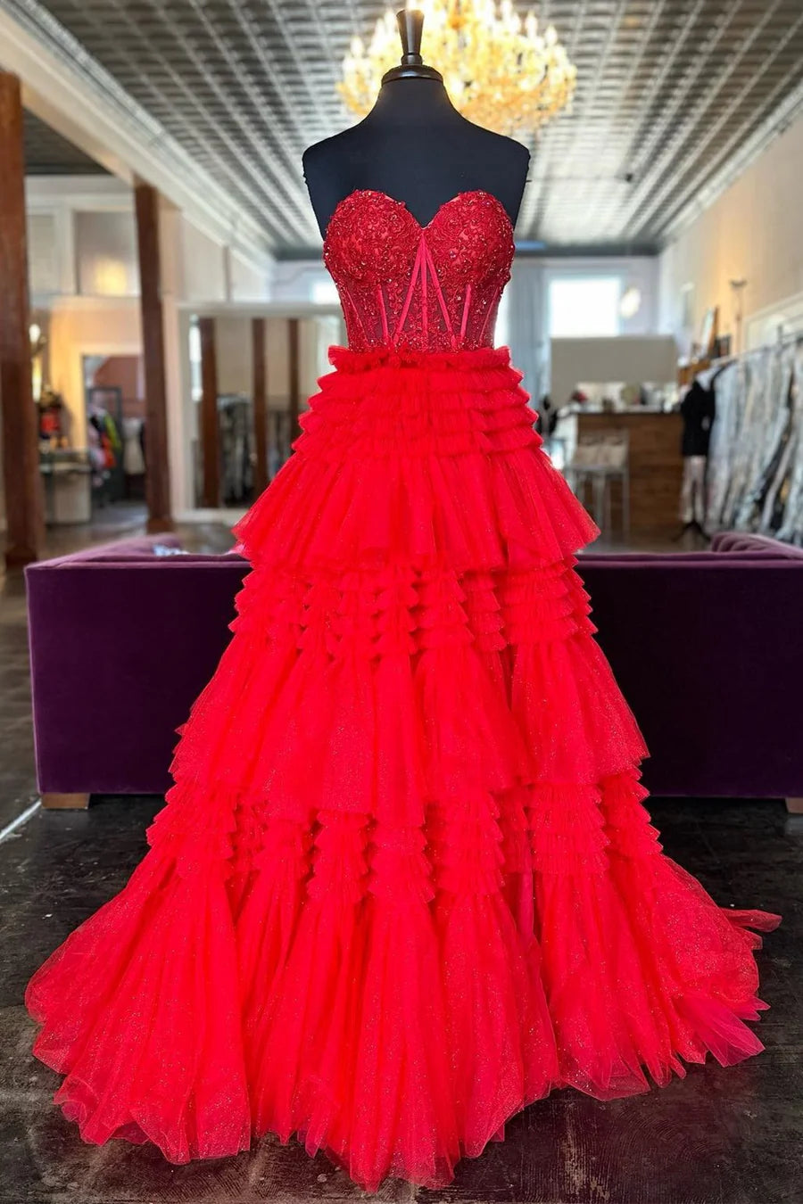 Tulle Sweetheart Tiered A-Line Long Prom Dress with Ruffles