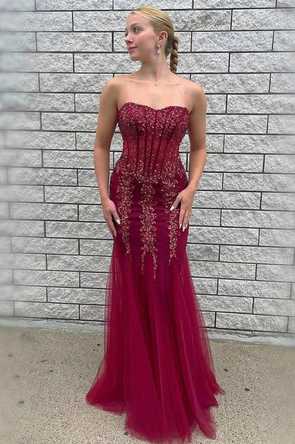 Tulle Beaded Strapless Mermaid Long Formal Dress