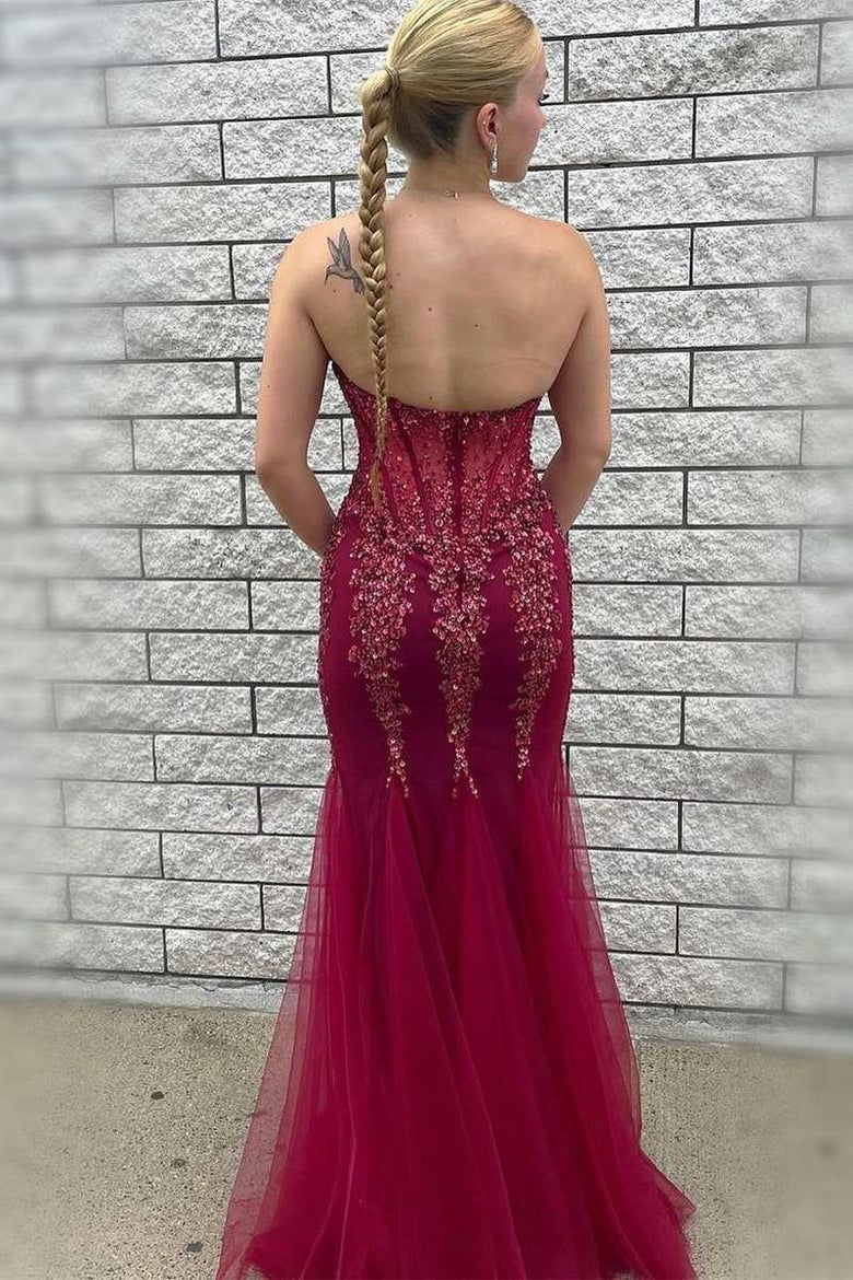 Tulle Beaded Strapless Mermaid Long Formal Dress