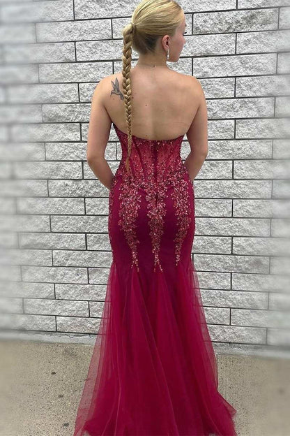 Tulle Beaded Strapless Mermaid Long Formal Dress