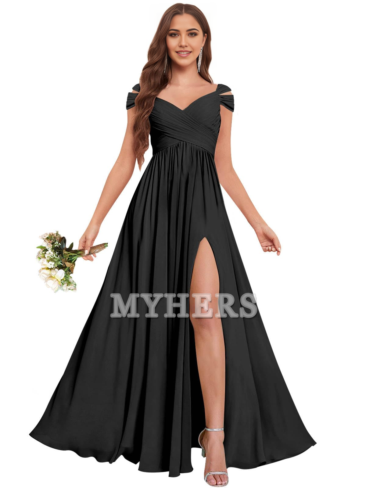 Exquisite V Neck Off The Shoulder Side Fork Chiffon Long Bridesmaid Dresses Wedding Guests Dresses