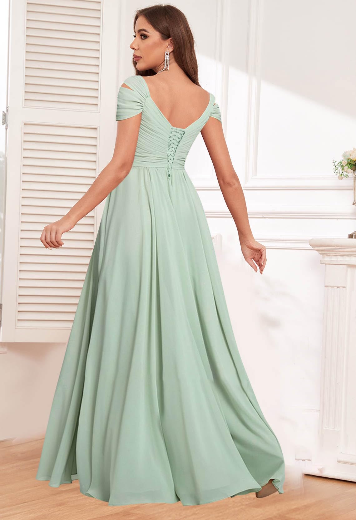 Exquisite V Neck Off The Shoulder Side Fork Chiffon Long Bridesmaid Dresses Wedding Guests Dresses