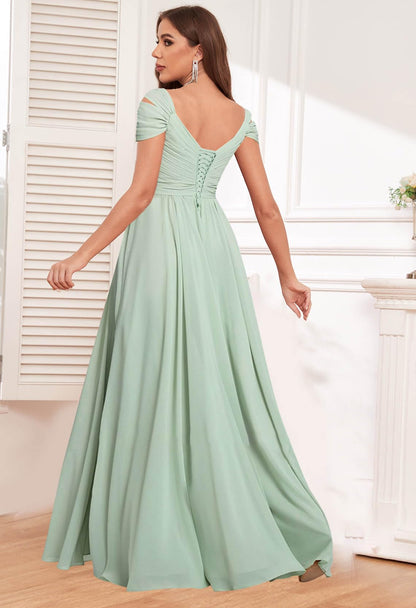 Exquisite V Neck Off The Shoulder Side Fork Chiffon Long Bridesmaid Dresses Wedding Guests Dresses