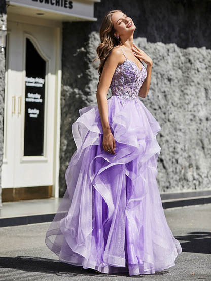 A Line Ball Gown Beaded Top Tulle Prom Dress