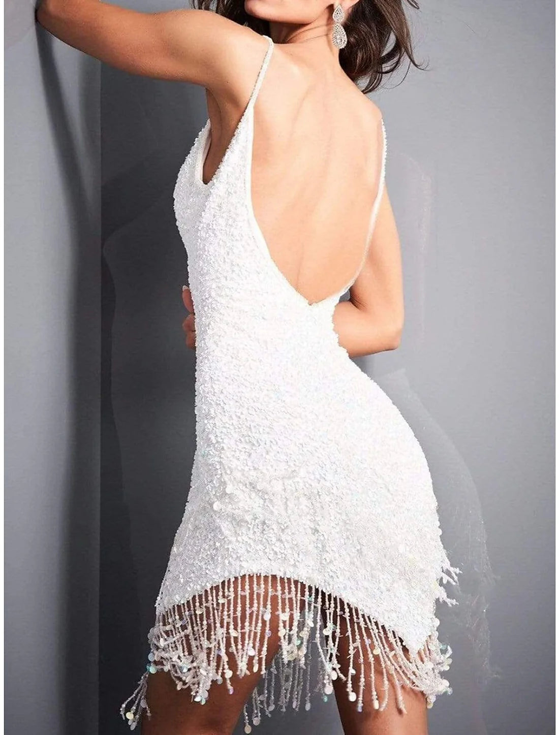 Sequin Dress Fringe Dress Party Dress Sparkly Dress Homecoming Dress White Sleeveless Tassel Spring Fall Winter Spaghetti Strap Fashion Evening Dress