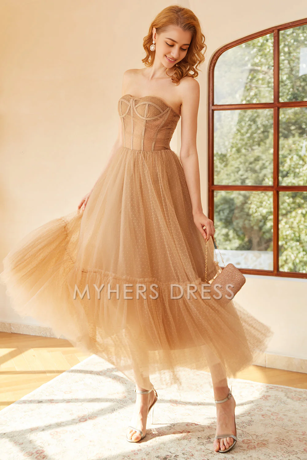 My Hers Ladies Formal Dress Elegant Strapless Sweetheart Retro Polka Dots Corset Prom Dress