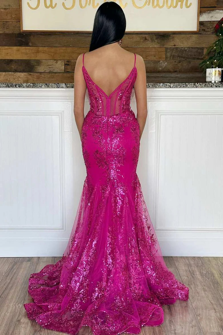Glitter Magenta Appliques V-Neck Mermaid Long Prom Dress