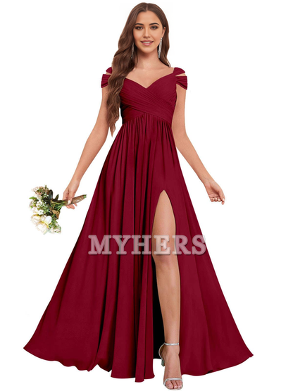 Exquisite V Neck Off The Shoulder Side Fork Chiffon Long Bridesmaid Dresses Wedding Guests Dresses