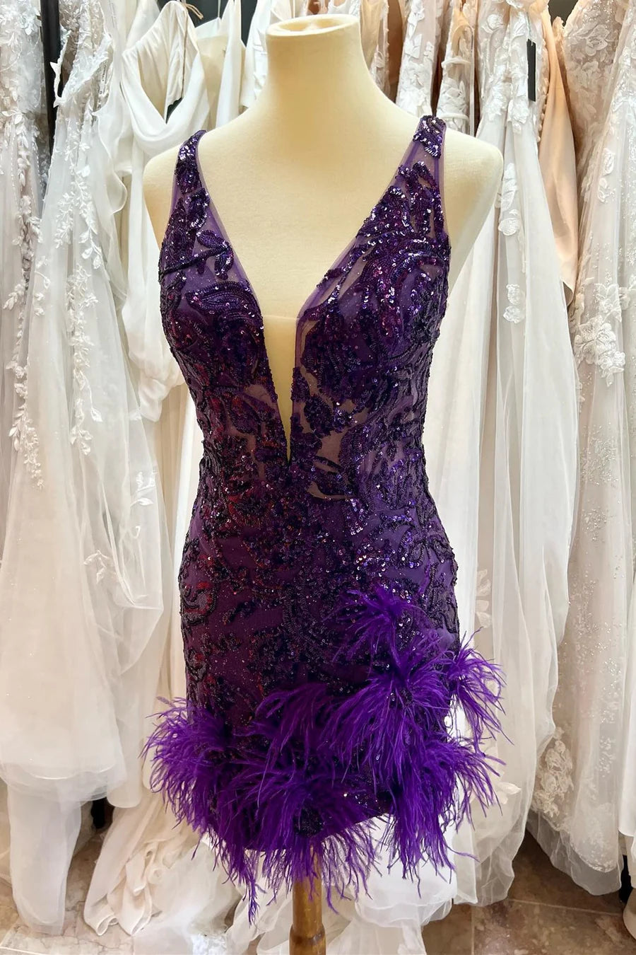 Sequin Lace Plunge V Short Dress with Feathers