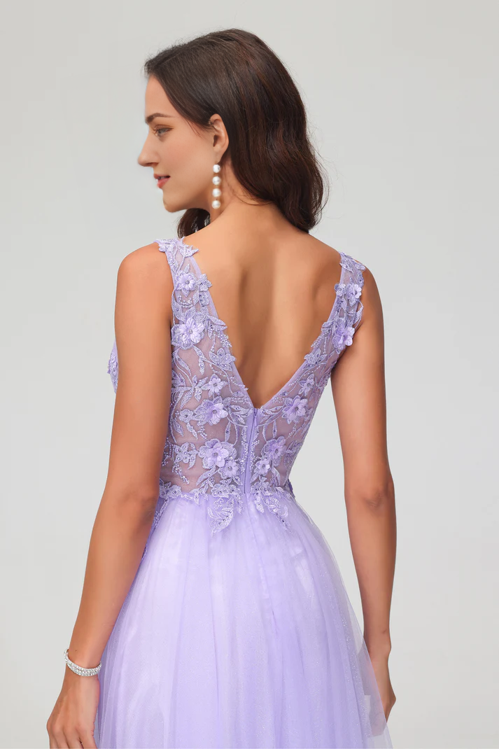 Prom Dresses A-Line V-neck Sleeveless Applique Beaded Tulle Floor-Length Formal Women's Dresses