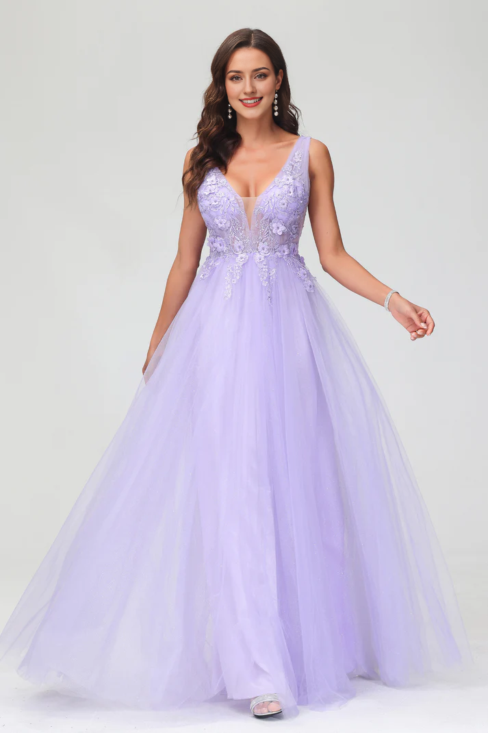Prom Dresses A-Line V-neck Sleeveless Applique Beaded Tulle Floor-Length Formal Women's Dresses