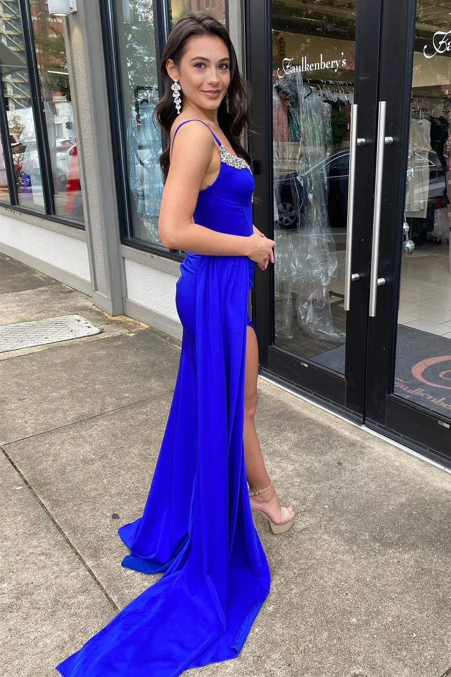 Beaded Queen Anne Neck Straps Long Formal Gown with Attached Train