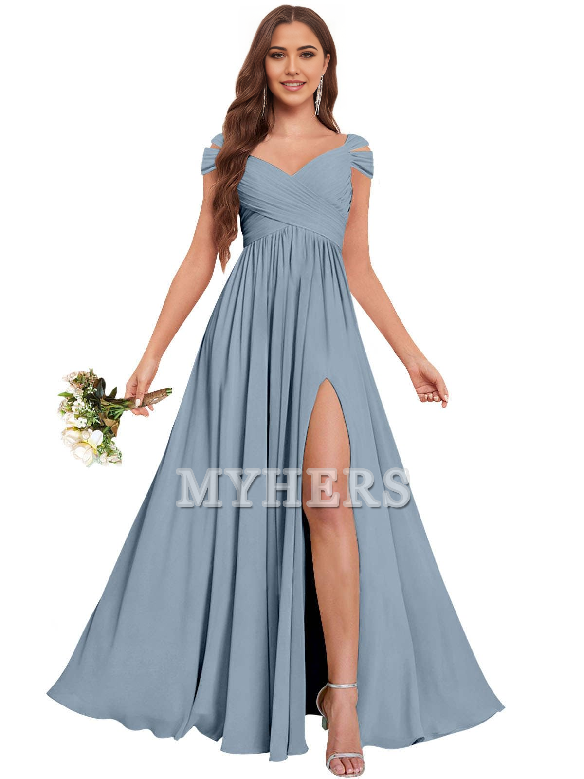 Exquisite V Neck Off The Shoulder Side Fork Chiffon Long Bridesmaid Dresses Wedding Guests Dresses