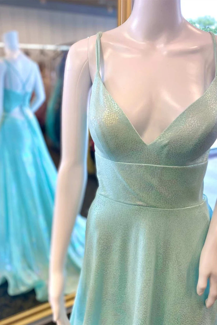 V-Neck Lace-Up A-Line Long Prom Dress