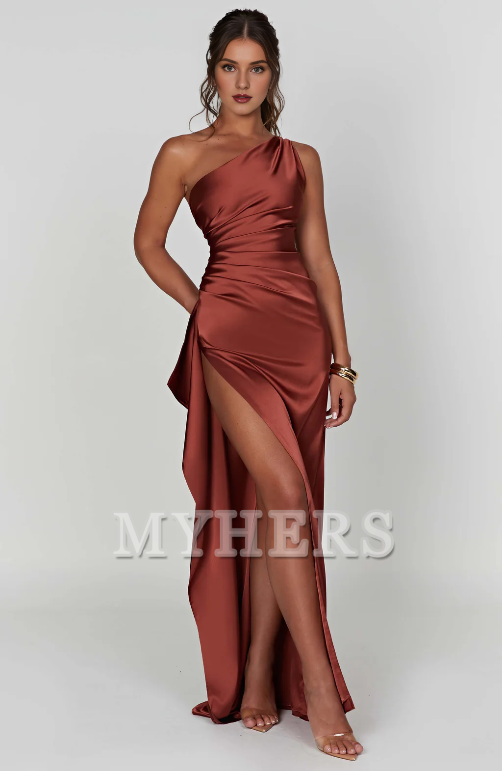 Elegant One Shoulder Sleeveless Pleated Backless Sheath Asymmetrical Ruched Exquisite Dresses Bridesmaid Dresses Wedding Guests Dresses