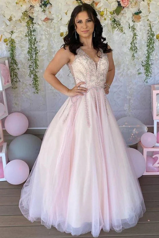 Tulle Beaded Sleeveless A-Line Prom Dress