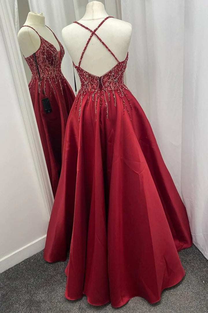 Satin Beaded V-Neck Backless Long Prom Dress