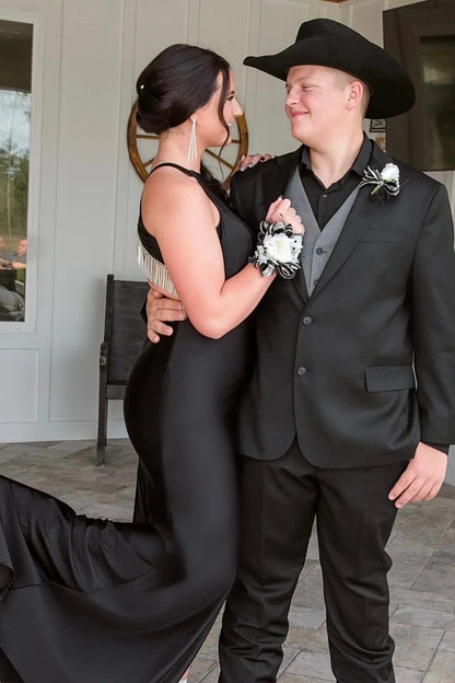 Halter Backless Tassel Long Prom Dress with Slit