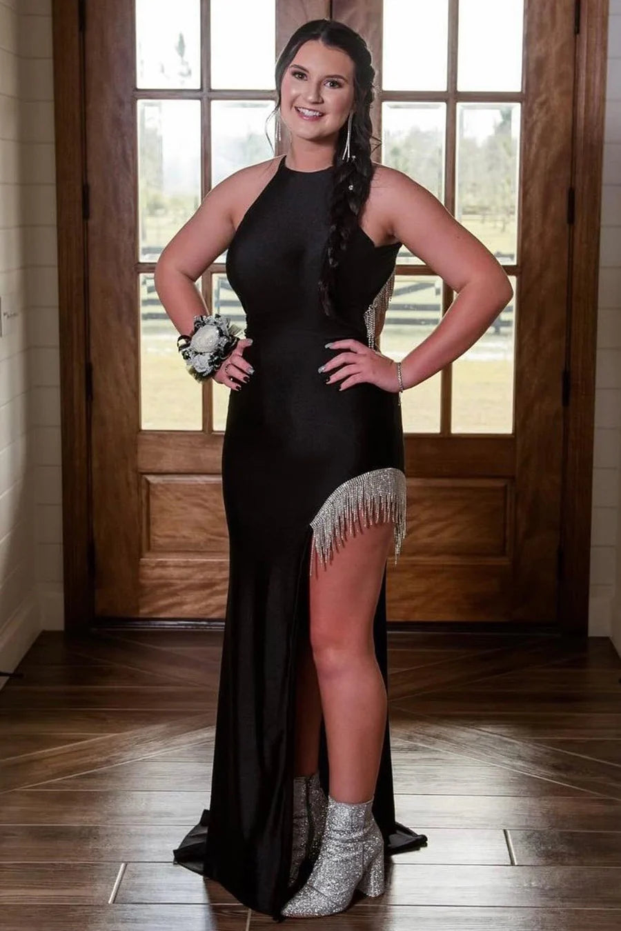 Halter Backless Tassel Long Prom Dress with Slit