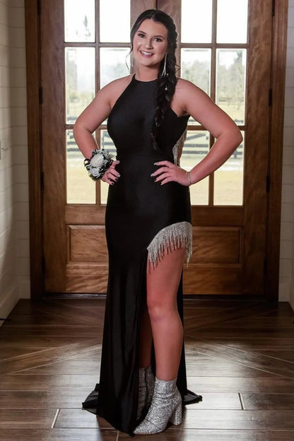 Halter Backless Tassel Long Prom Dress with Slit