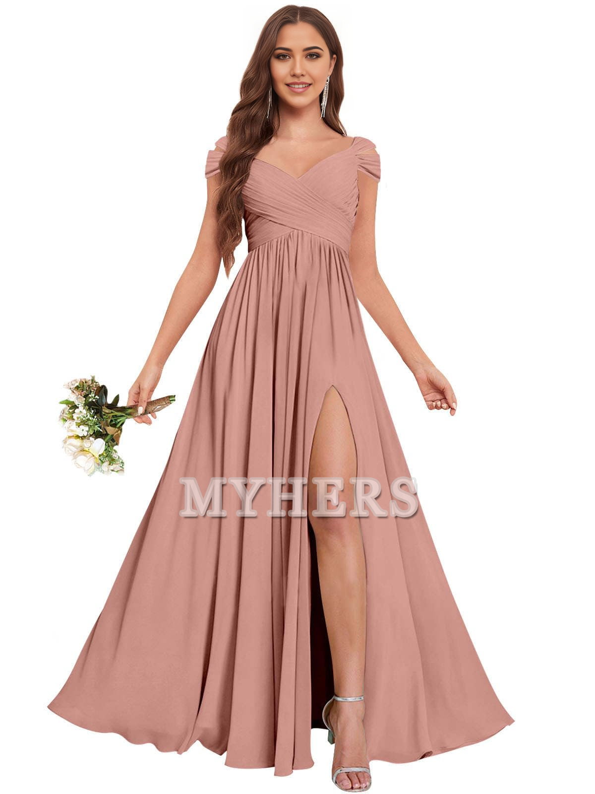 Exquisite V Neck Off The Shoulder Side Fork Chiffon Long Bridesmaid Dresses Wedding Guests Dresses