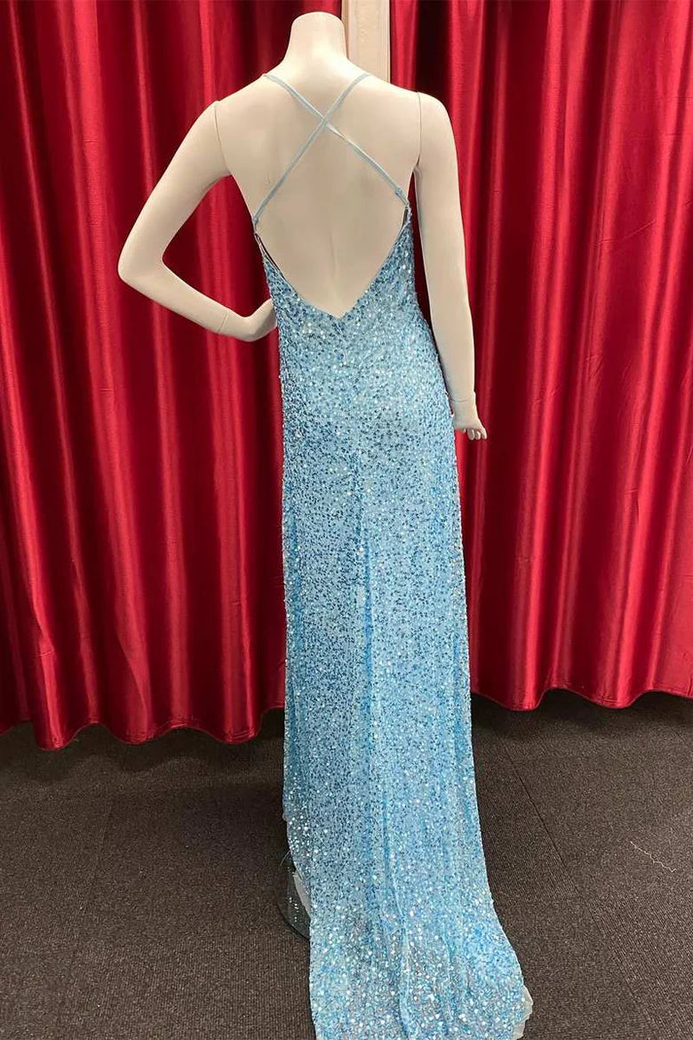 Sequin V-Neck Backless Long Prom Dress with Slit