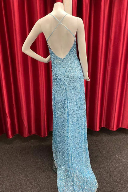 Sequin V-Neck Backless Long Prom Dress with Slit
