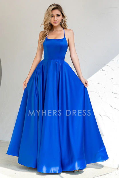 My Hers Ladies Formal Dress Elegant A Line Spaghetti Straps Backless Simple Prom Dress