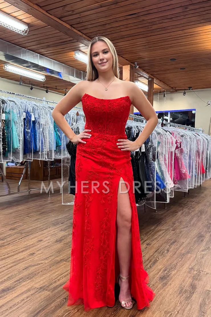My Hers Ladies Formal Dress Exquisite Mermaid Strapless Lace With Appliques Side Fork Prom Dress