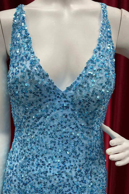 Sequin V-Neck Backless Long Prom Dress with Slit