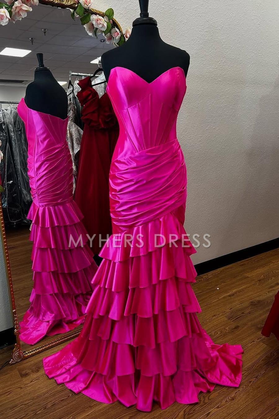 My Hers Ladies Formal Dress Charming Mermaid Sweetheart Strapless Ruched Tiered Satin With Slit Gorgeous Prom Dress