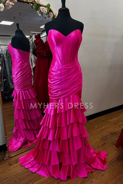 My Hers Ladies Formal Dress Charming Mermaid Sweetheart Strapless Ruched Tiered Satin With Slit Gorgeous Prom Dress