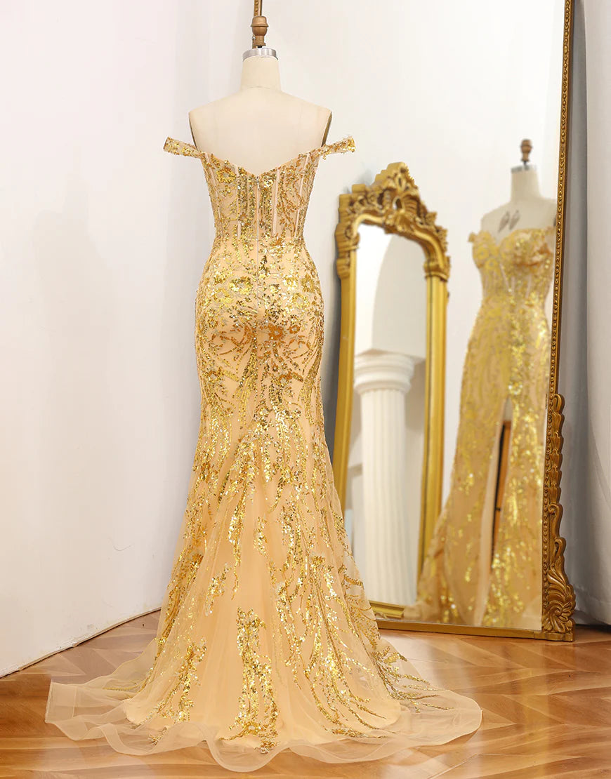 Sparkly Mermaid Off The Shoulder Golden Corset Prom Dress with Slit