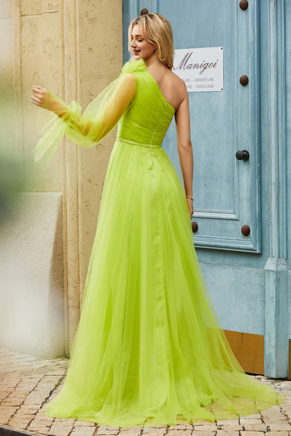 Prom Dresses A-Line Tulle One Shoulder Sleeveless Floor-Length Pleated Ruched Flowers Formal Women's Dresses