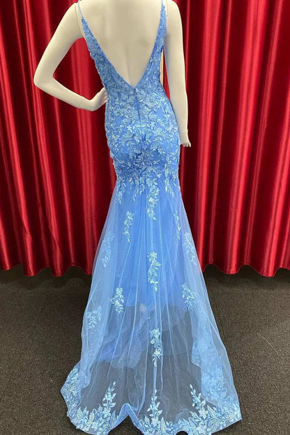 Applique V-Neck Backless Mermaid Long Prom Dress