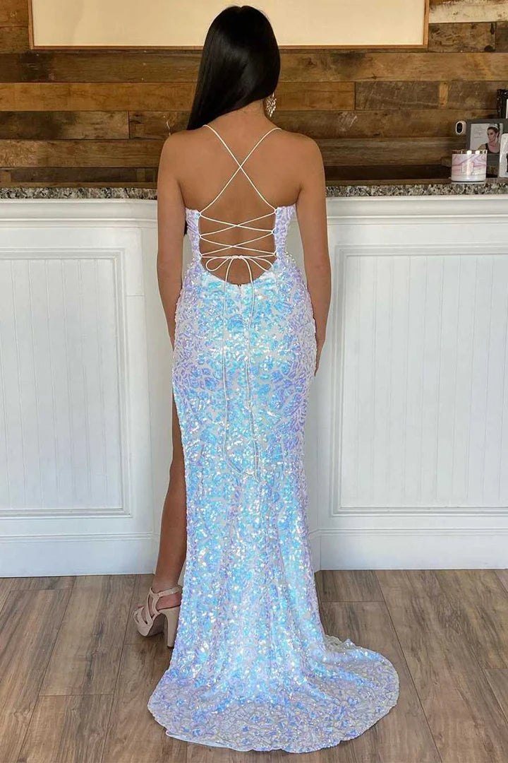 Sequin V-Neck Backless Mermaid Prom Dress