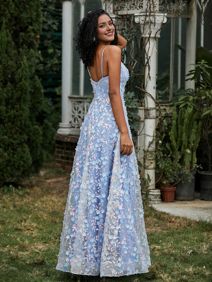 A-Line V-Neck Lace Dress Appliqued Flowers Prom Dress