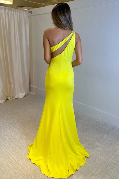 One-Shoulder  Rhinestones Keyhole Mermaid Long Prom Dress with Slit
