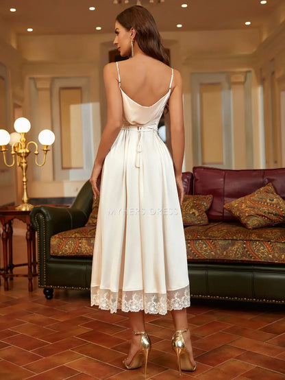 My Hers Prom Dress A Line Spaghetti Straps Lace Hemline Backless Exquisite Simple Ladies Formal Dress
