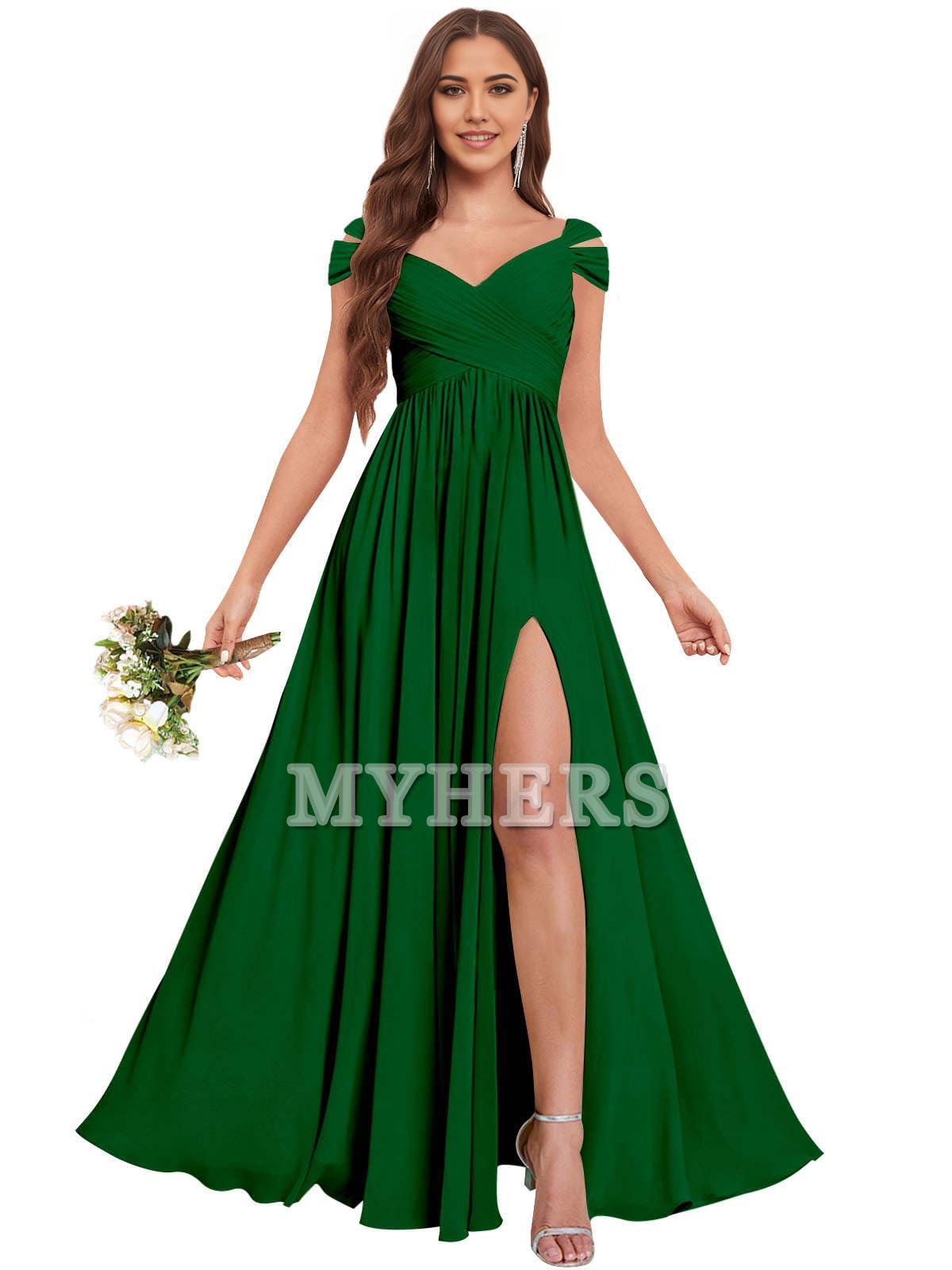 Exquisite V Neck Off The Shoulder Side Fork Chiffon Long Bridesmaid Dresses Wedding Guests Dresses