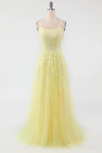 My Hers Ladies Formal Dress Elegant A Line Spaghetti Straps Backless Exquisite Appliques Prom Dress