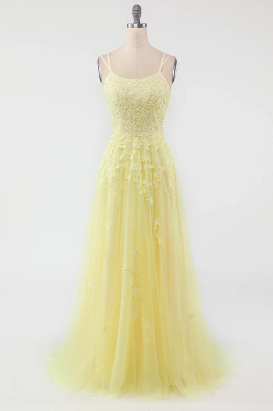 My Hers Ladies Formal Dress Elegant A Line Spaghetti Straps Backless Exquisite Appliques Prom Dress