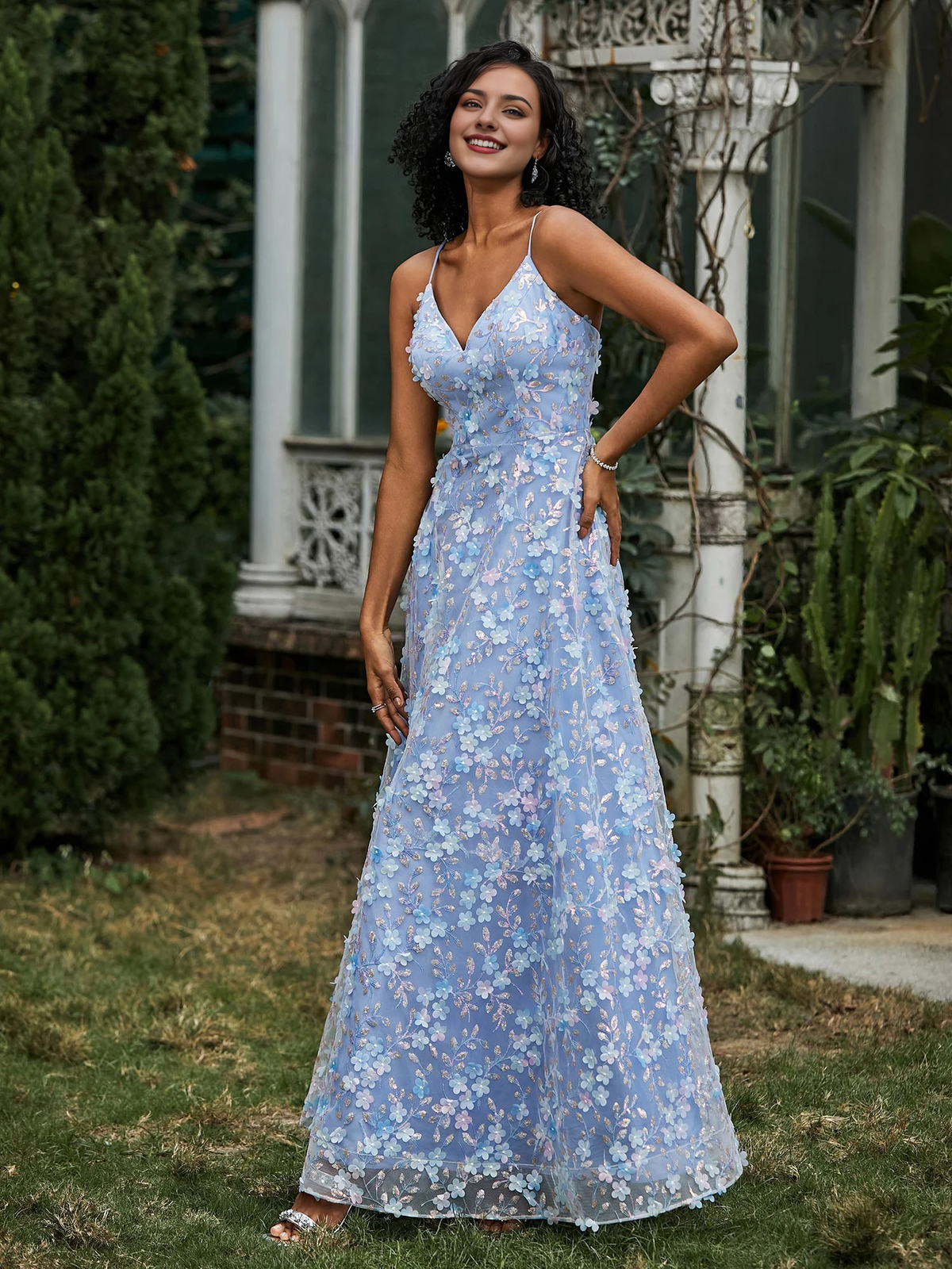 A-Line V-Neck Lace Dress Appliqued Flowers Prom Dress