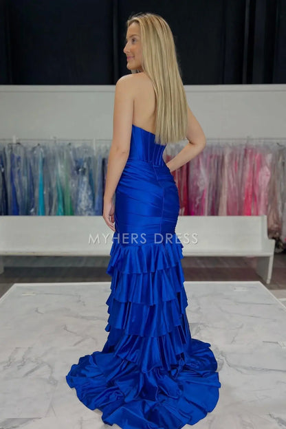 My Hers Ladies Formal Dress Charming Mermaid Sweetheart Strapless Ruched Tiered Satin With Slit Gorgeous Prom Dress