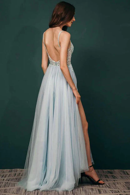 V-neckline Beaded Tulle Prom Gown