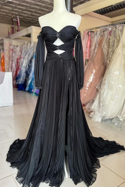 Beaded Strapless Cutout Long Prom Dress with Balloon Sleeves